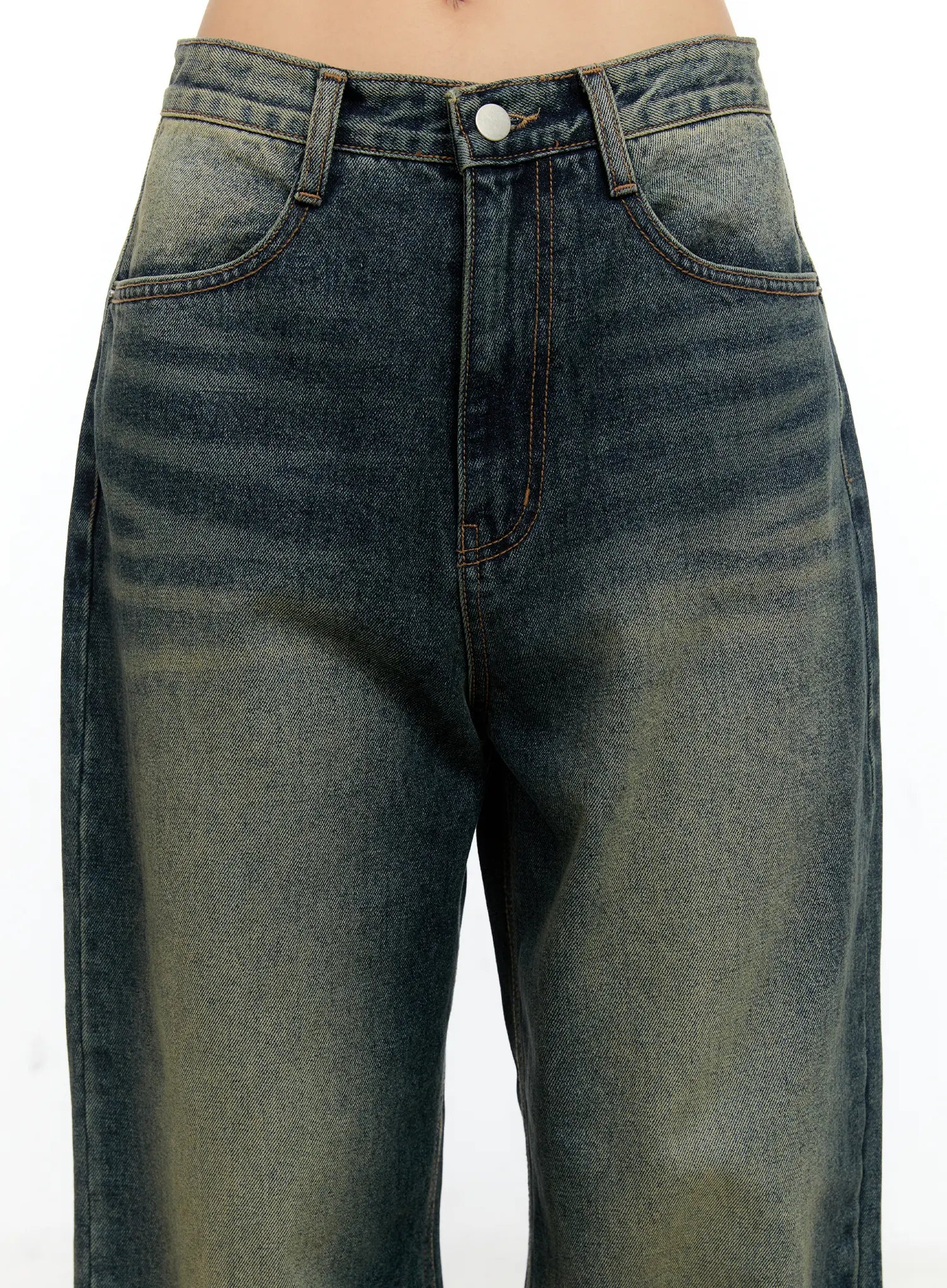 LEWKIN Lilian Vintage Wash Wide-Leg Jeans CS518 in vintage blue-green, front close-up on model showing waistband, front pockets, button closure, and faded wash cotton denim.