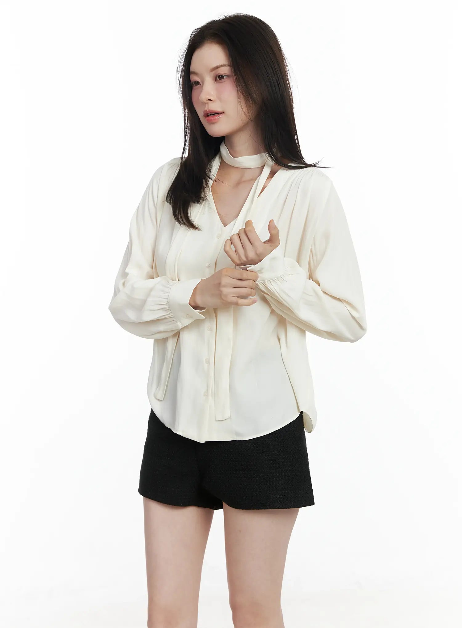 v-neck-shirred-blouse-and-scarf-set-if525