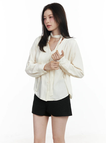 v-neck-shirred-blouse-and-scarf-set-if525