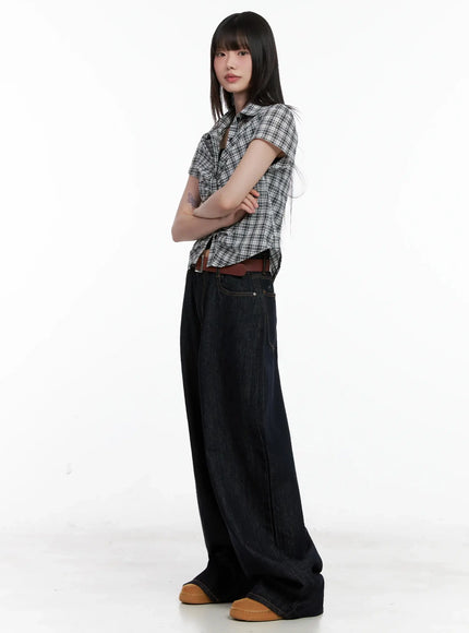 shirred-plaid-button-up-blouse-il531