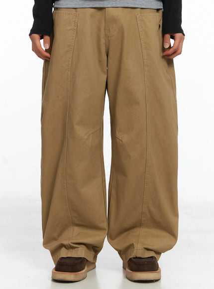 mens-heart-embroidered-big-pocket-wide-leg-pants-ij514 / Beige