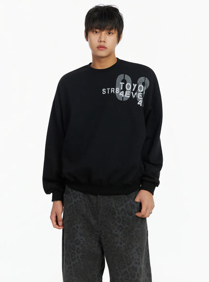 mens-graphic-print-fleece-crewneck-sweatshirt-ij527 / Black