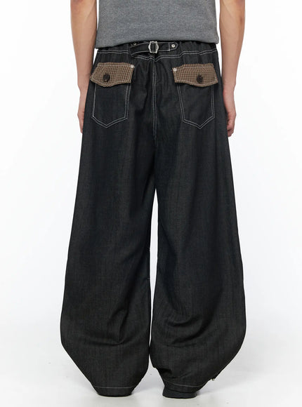 mens-plaid-pocket-drawstring-jeans-black-iu510 / Black
