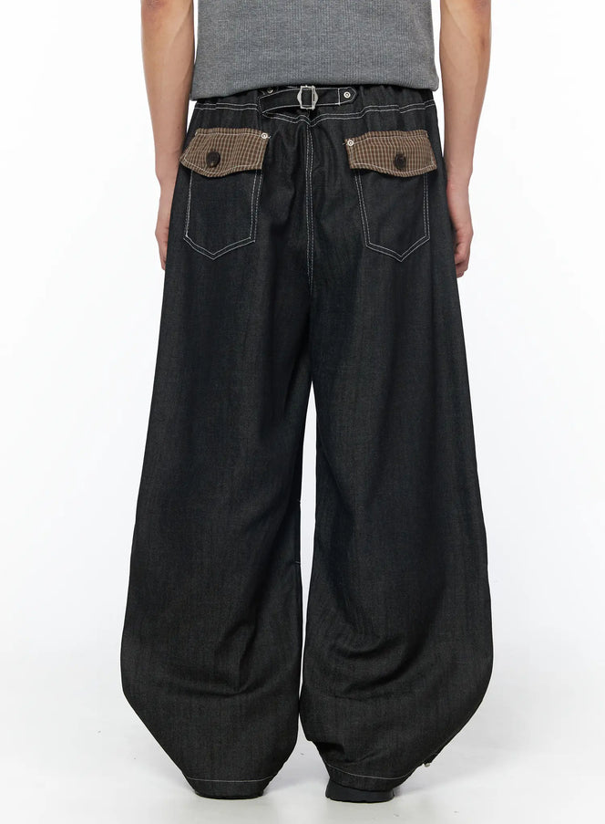 mens-plaid-pocket-drawstring-jeans-black-iu510 / Black