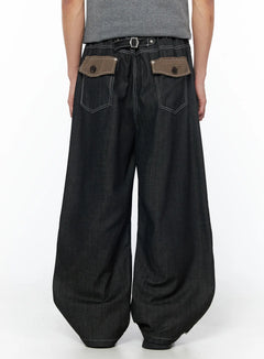 mens-plaid-pocket-drawstring-jeans-black-iu510 / Black