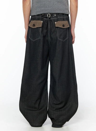 mens-plaid-pocket-drawstring-jeans-black-iu510 / Black