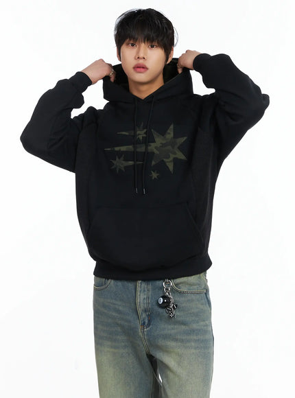 mens-simple-camo-detail-fleece-hoodie-ij512 / Black