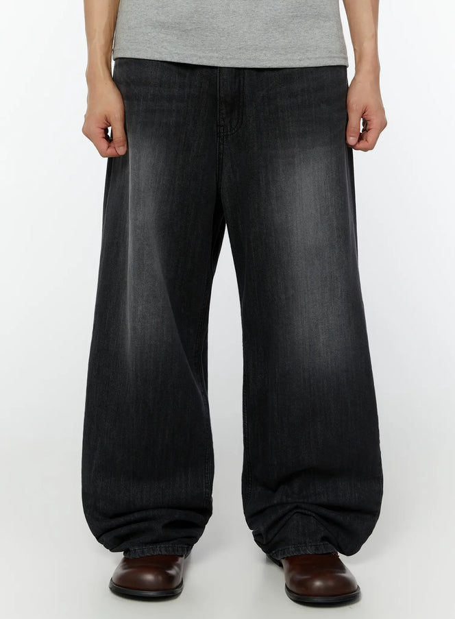 mens-linen-wide-leg-jeans-black-iu516 / Black
