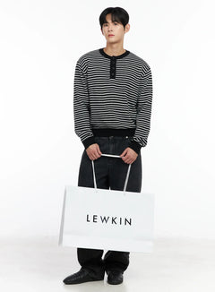 mens-striped-henley-knit-sweater-im518 / Black