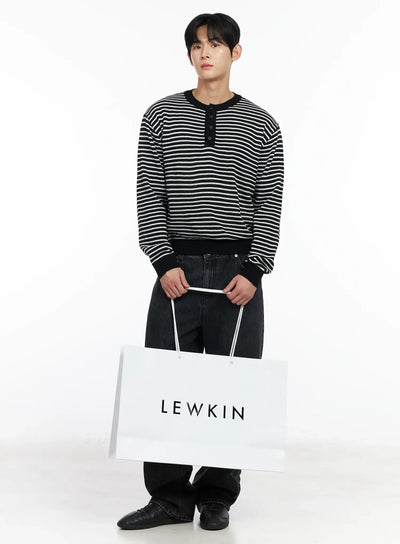 mens-striped-henley-knit-sweater-im518 / Black