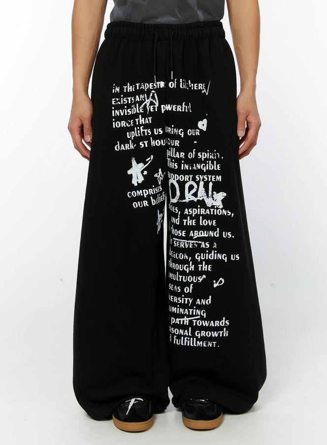 mens-graphic-wide-leg-sweatpants-black-iy513 / Black