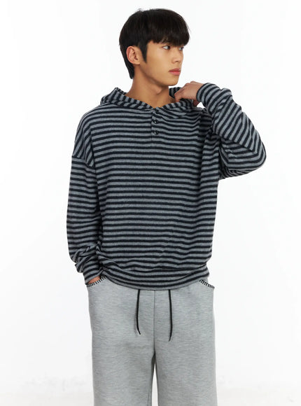 mens-striped-fleece-henley-hoodie-if506 / Black