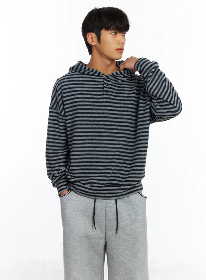 mens-striped-fleece-henley-hoodie-if506 / Black