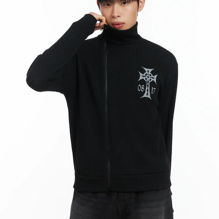 cross-print-high-neck-zip-up-cardigan-id515 / Black