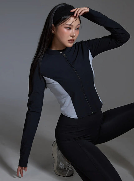 two-tone-cropped-zip-jacket-black-io517 / Black
