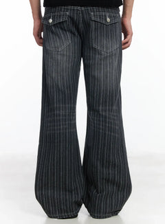 LEWKIN Men's Striped Wide-Leg Jeans IF516 in black, back view on model, washed pinstripe denim with flap back pockets and button closures, wide-leg silhouette.