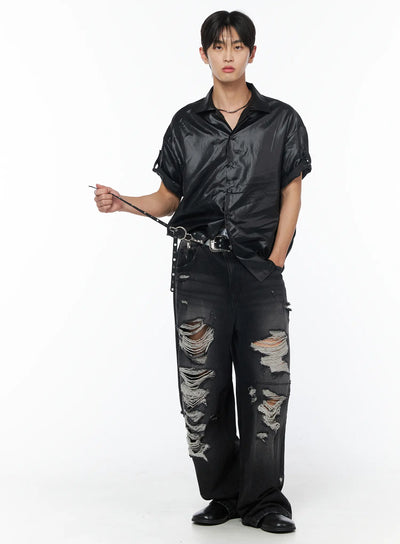 mens-glossy-open-collar-short-sleeve-button-up-shirt-iu510 / Black