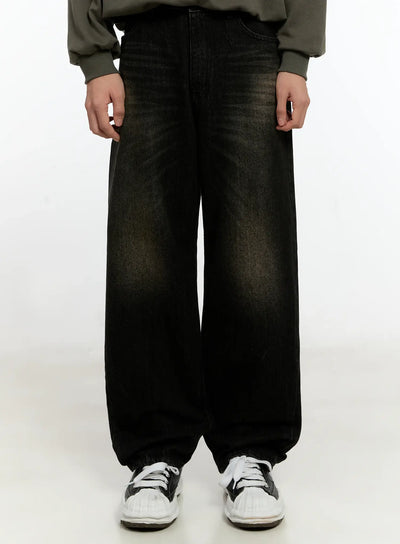 mens-wide-leg-washed-black-denim-jeans-io531 / Black