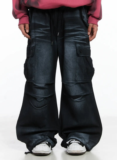 mens-spray-wash-wide-leg-cargo-pants-ij512 / Black