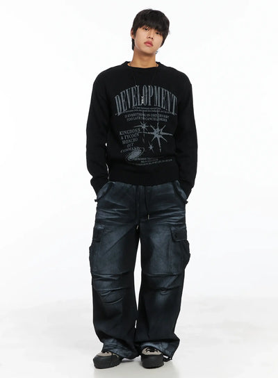 mens-graphic-print-knit-pullover-ij512 / Black