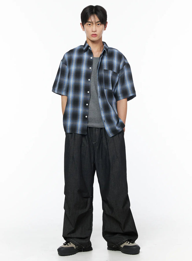 mens-plaid-short-sleeve-button-up-shirt-iu510 / Blue