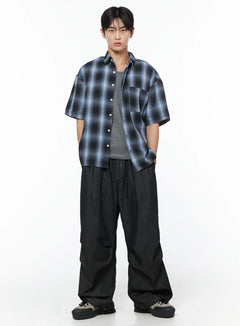 mens-plaid-short-sleeve-button-up-shirt-iu510 / Blue