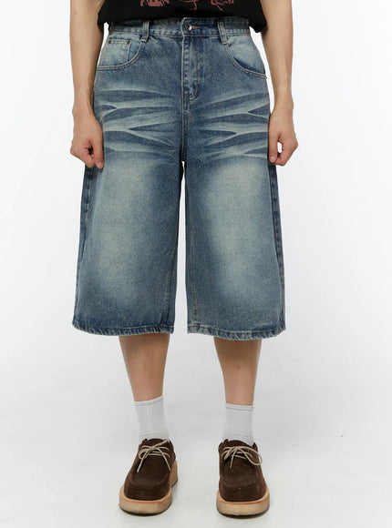 mens-washed-whiskered-denim-bermuda-shorts-iu516 / Blue