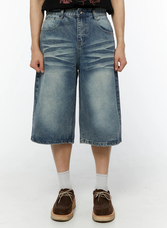 mens-washed-whiskered-denim-bermuda-shorts-iu516 / Blue