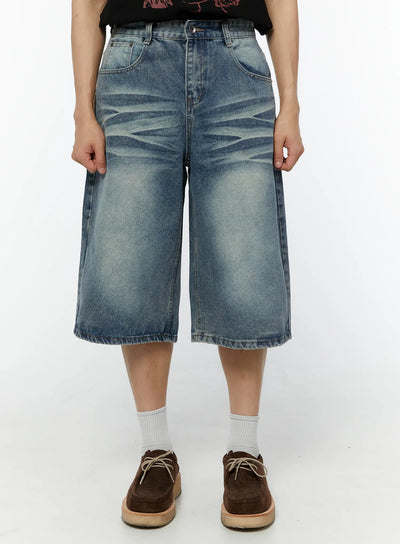 mens-washed-whiskered-denim-bermuda-shorts-iu516 / Blue