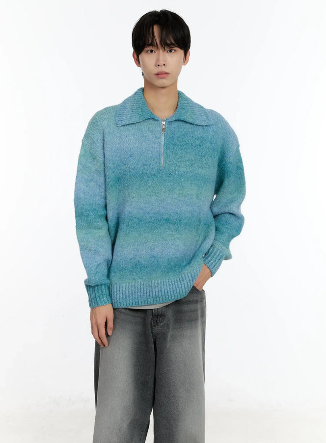 LEWKIN Men's Alpaca Knit Quarter Zip Sweatshirts ID502 in Blue (M/L), front view on model, fuzzy alpaca knit with ombre stripe, spread collar, quarter zip, ribbed cuffs, paired with grey jeans.