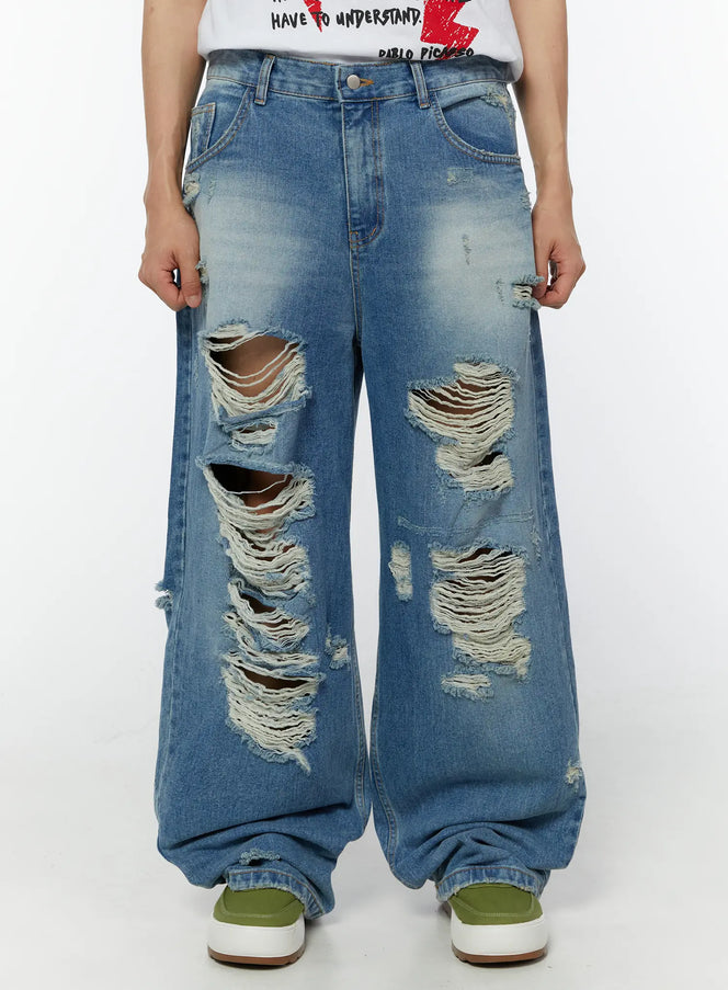 mens-vintage-distressed-wide-leg-jeans-iu516 / Blue