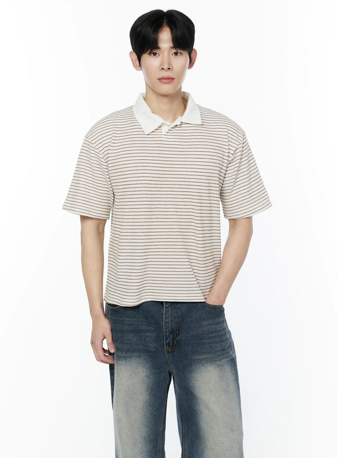 striped-waffle-knit-polo-shirt-ia530 / Brown