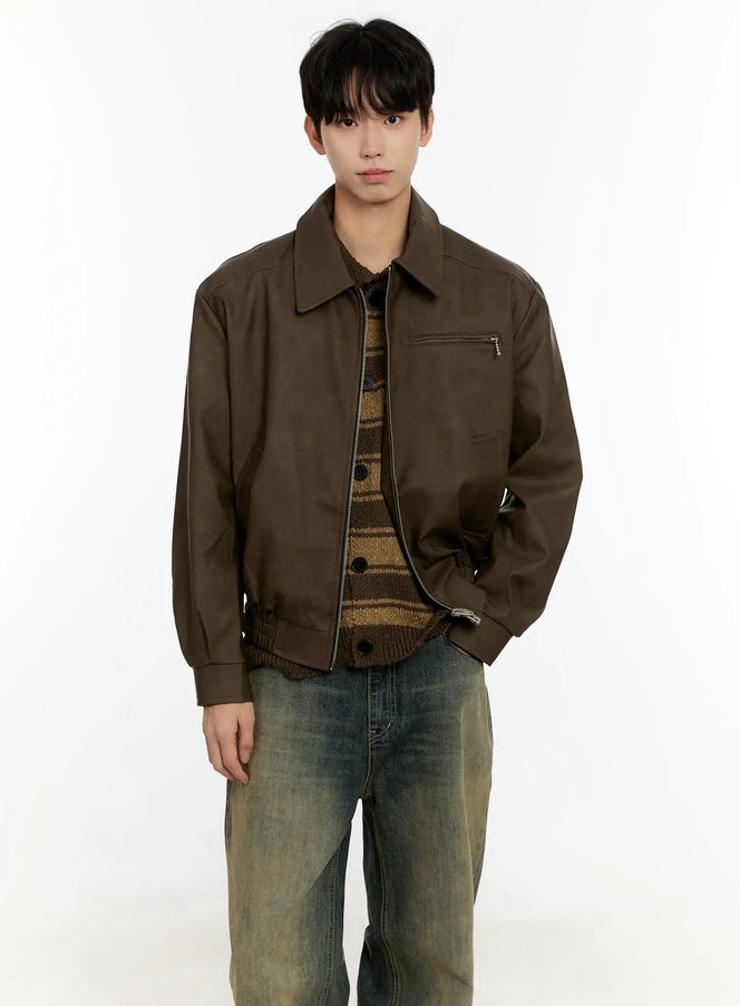 LEWKIN Men's Textured Faux Leather Jacket IN503 in brown, front upper-body shot on model, zip-open harrington style with point collar, chest zip pocket, layered over striped knit cardigan with vintage wash jeans.