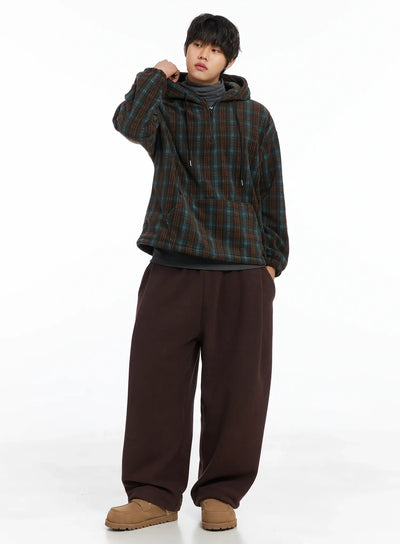 mens-checkered-fleece-hoodie-ij512 / Brown