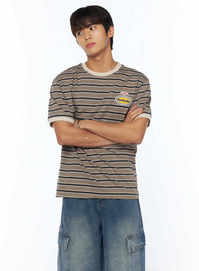 mens-retro-striped-t-shirt-iu503 / Dark beige