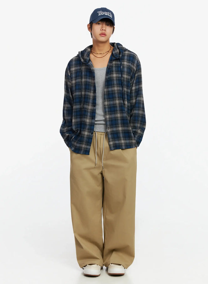 mens-vintage-plaid-hooded-flannel-ij527 / Dark blue