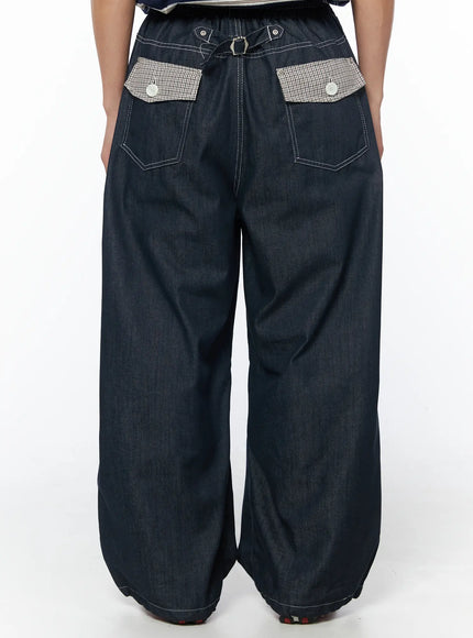 mens-plaid-pocket-drawstring-jeans-dark-blue-iu510 / Dark blue