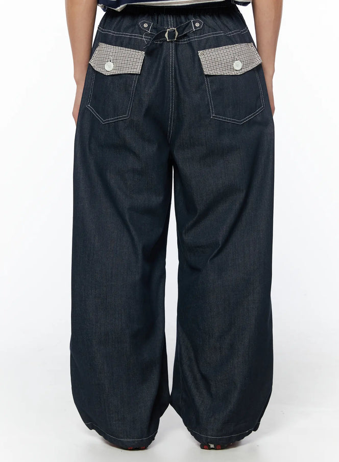 mens-plaid-pocket-drawstring-jeans-dark-blue-iu510 / Dark blue