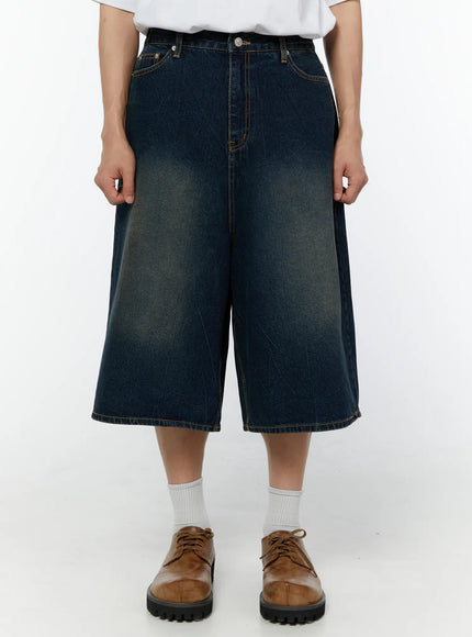 mens-wide-leg-denim-bermuda-shorts-iu516 / Dark blue