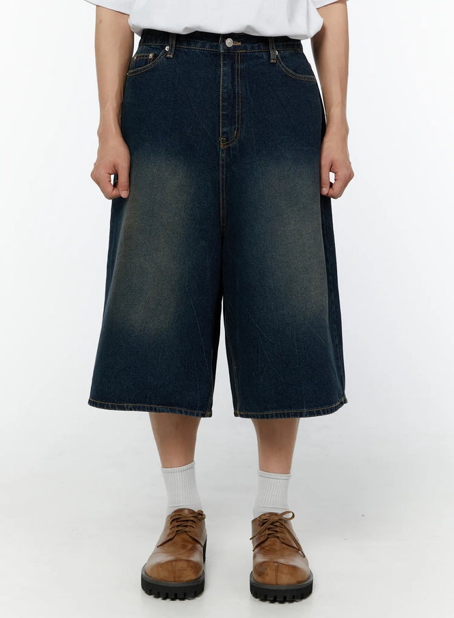 mens-wide-leg-denim-bermuda-shorts-iu516 / Dark blue