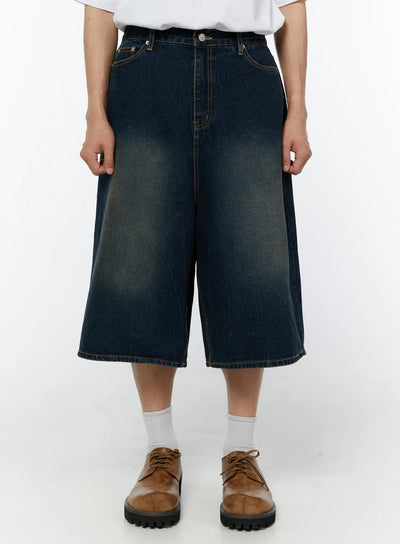 mens-wide-leg-denim-bermuda-shorts-iu516 / Dark blue