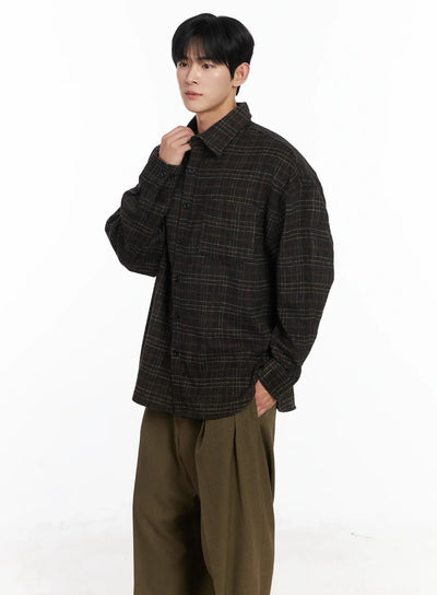 mens-ueban-wool-checkered-long-sleeve-jacket-ij521 / Dark brown