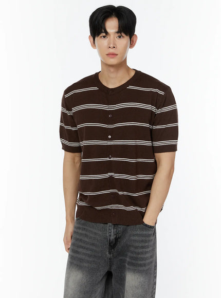 mens-striped-short-sleeve-cardigan-iu504 / Dark brown