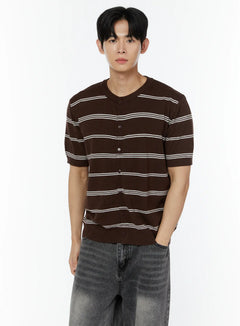 mens-striped-short-sleeve-cardigan-iu504 / Dark brown