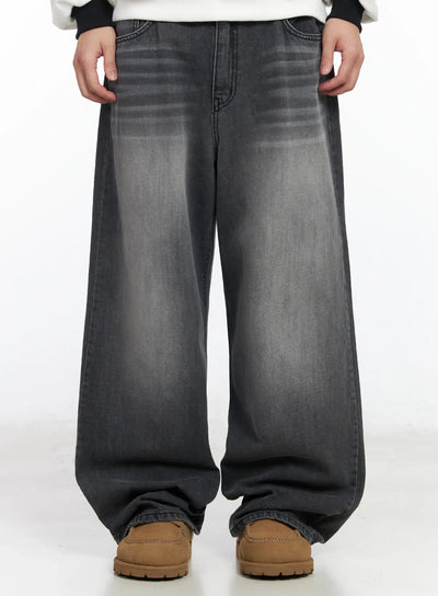 mens-washed-wide-leg-jeans-im523 / Dark gray