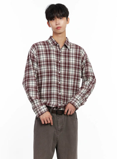 mens-classic-plaid-button-up-shirt-is519 / Dark red