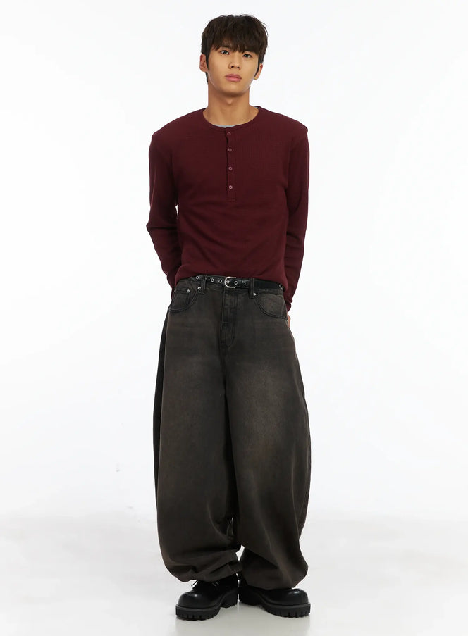 mens-layered-waffle-henley-long-sleeve-shirt-ij514 / Dark red