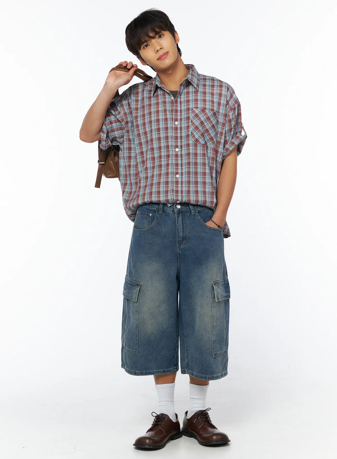 mens-checkered-plaid-shirt-iu503 / Dark red