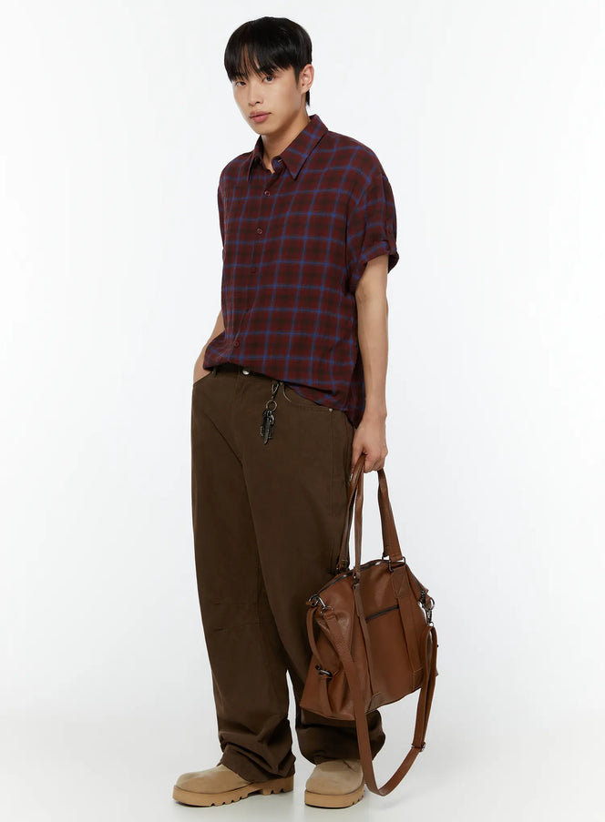 mens-rolled-sleeve-plaid-shirt-iu515 / Dark red