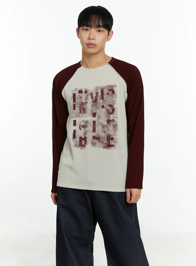 mens-graphic-print-ribbed-long-sleeve-top-if510 / Dark red